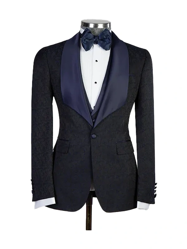 Men's Sapphire Textured Pattern Shawl Lapel Suit and Pants And Vest